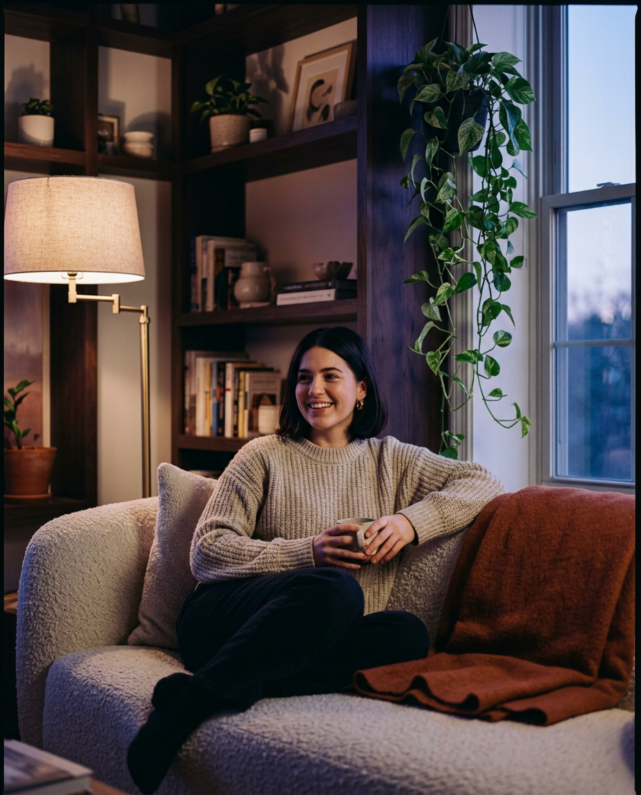 Generated sample image: a young woman on a cream sofa in a lamp-lit living room